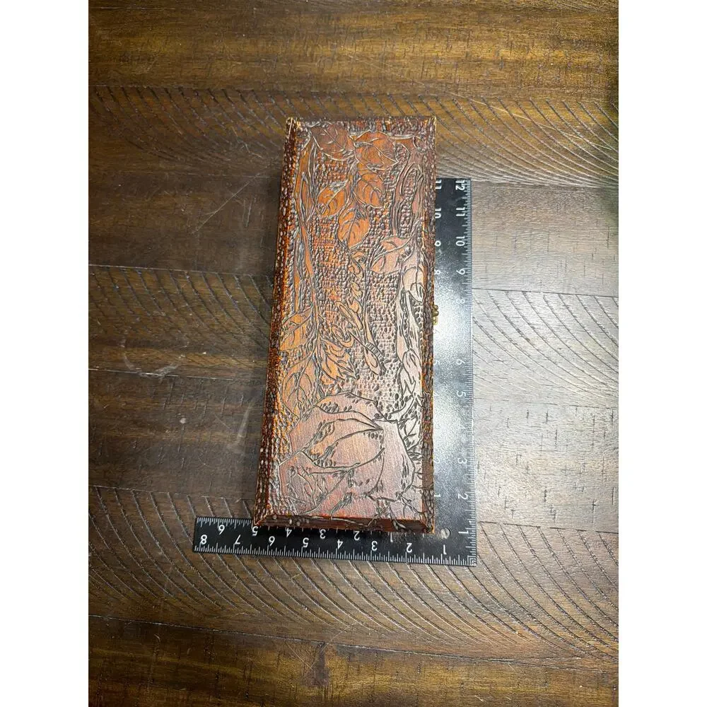 Antique 1906 Pyrography Wood Glove Box Arts Crafts Floral Pokerwork Dated 1907